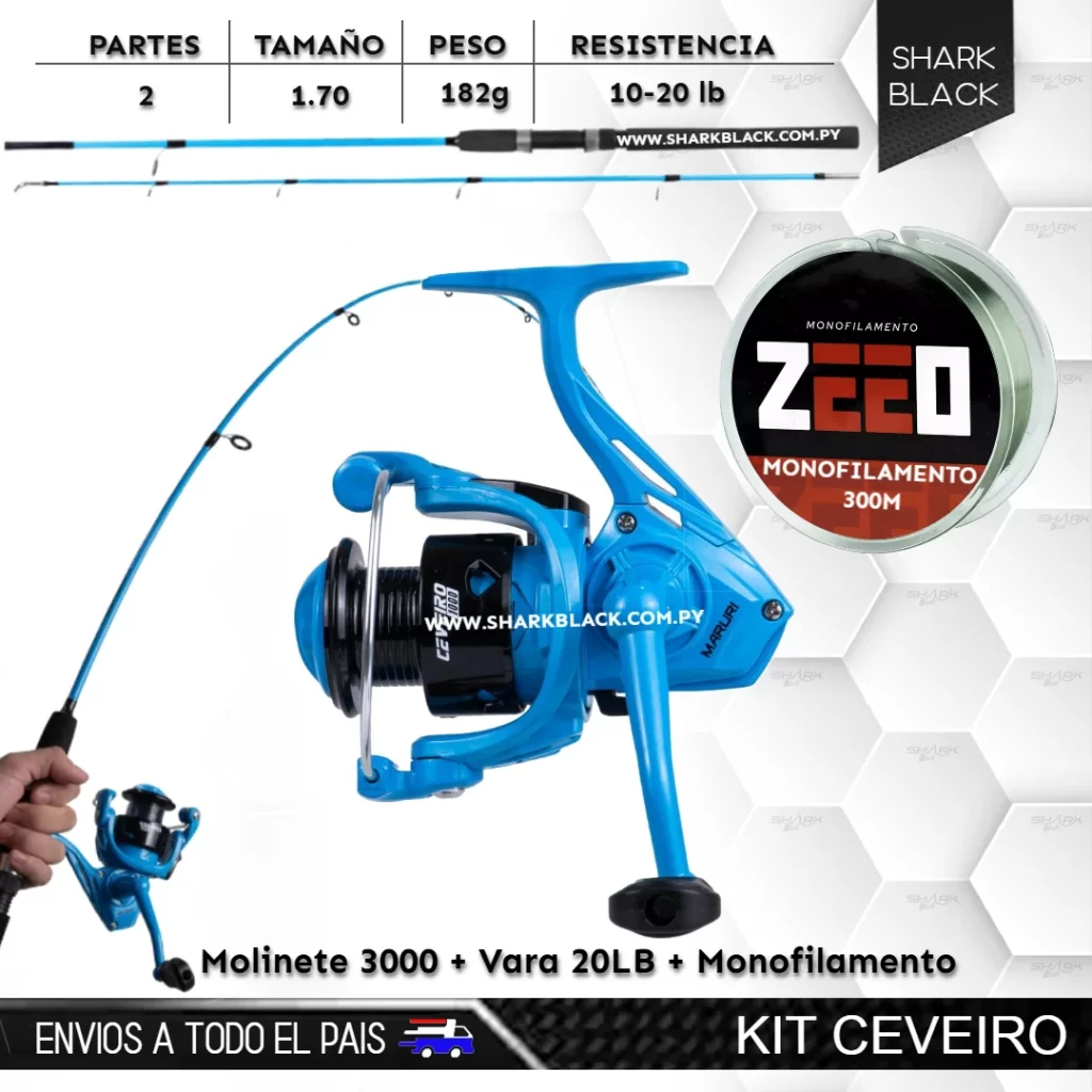 Kit Ceveiro – Molinete 3000 + Vara 1.70 M (10-20 lb) + Monofilamento Zeeo