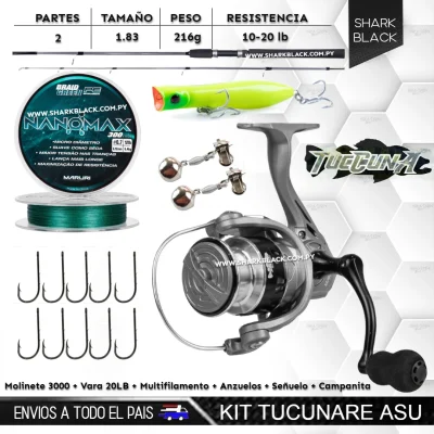 Kit Tucunare Asu – Vara Tucuna 1.70 m + Molinete Tucuna + Multifilamento Nanomax + Señuelo Happy Pop