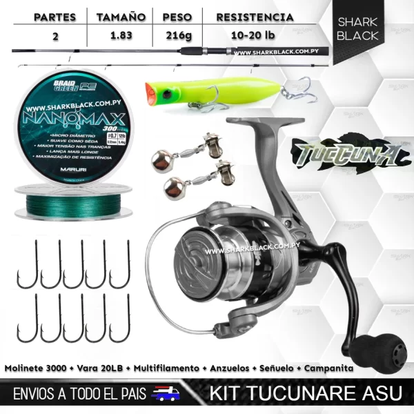 Kit Tucunare Asu – Vara Tucuna 1.83 m + Molinete Tucuna + Multifilamento Nanomax + Señuelo Happy Pop