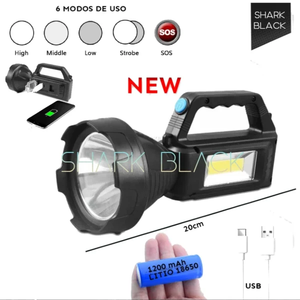 Linterna 2665 de Mano Recargable USB con 6 Modos y Batería de Litio 1200mAh