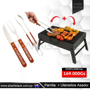 Combo Parrillero Portátil con Parrilla + Cuchillo + Tenedor + Pinza (Mango de Madera)