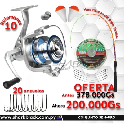 Conjunto de Pesca SEN-PRO con Molinete de 10 Rulemanes y Vara de Fibra en Gel