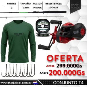 Conjunto T4 Shark Black - Combo de pesca casting completo con vara Arara, reel Mengão, línea, anzuelos y remera dry