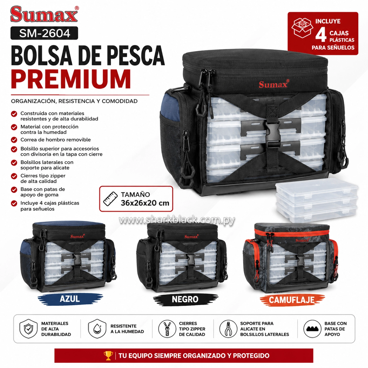 Bolsa de Pesca Premium Sumax SM-2604 con 4 Cajas