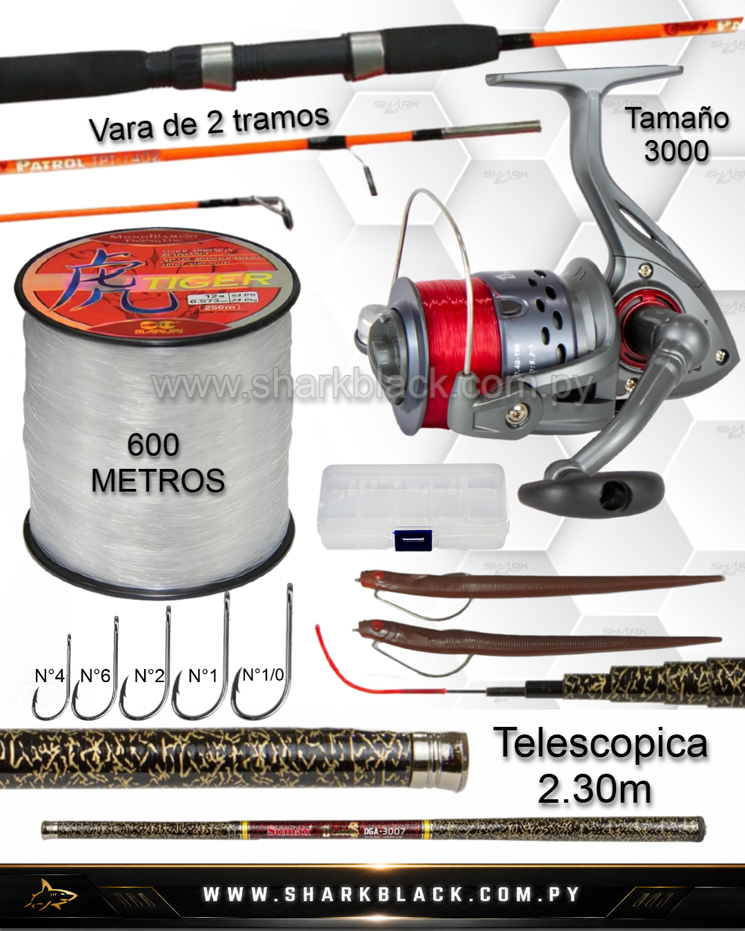 Combo de pesca Dragon Extra con vara de dos tramos, reel 3000, vara telescópica, nailon, 50 anzuelos y dos señuelos