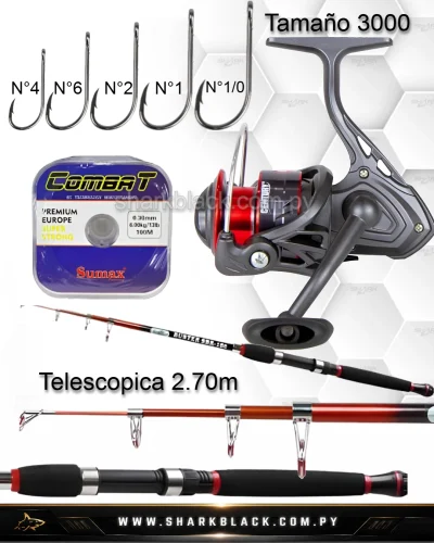Combo de Pesca con Caña Telescópica 2,70 m y Reel 3000 – Kit Completo para Iniciar KIT BUSTER