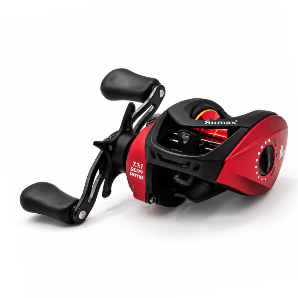 Reel Sumax Atenas DC 9000 rojo de perfil bajo con 9 rulemanes y relación 7.1:1