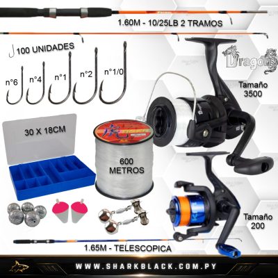 Combo de Pesca Doble Dragon + Kin – 2 Varas, 2 Reels, 100 Anzuelos y Accesorios