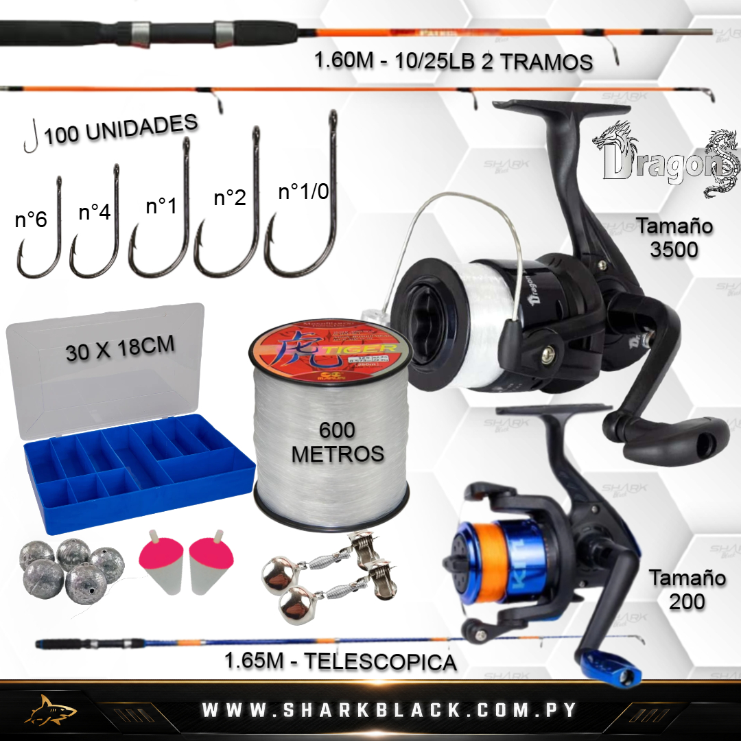 Combo de pesca doble Dragon + Kin con 2 varas, 2 reels cargados, 100 anzuelos, nylon 600 m y caja organizadora