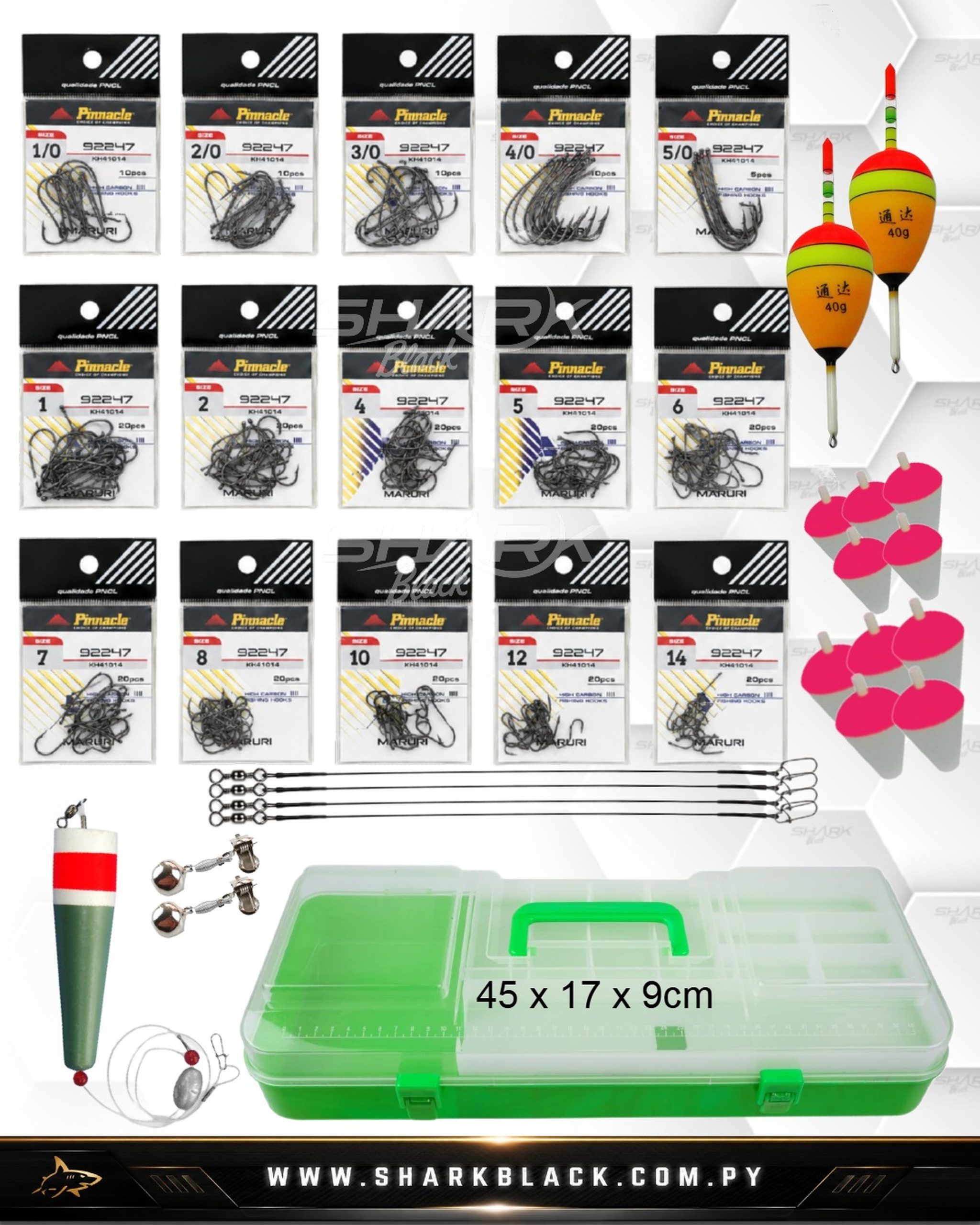 Combo de anzuelos Pinnacle 92247 Black con 265 anzuelos en 16 medidas, caja organizadora, boyas, líderes y campanitas