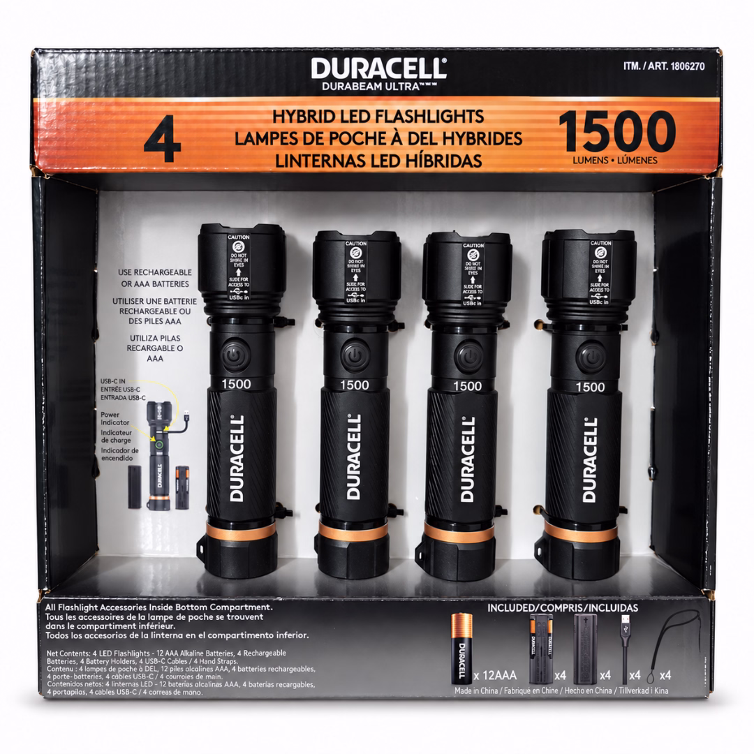 Caja pack x4 linternas Duracell Durabeam Ultra 1500 lúmenes vista lateral