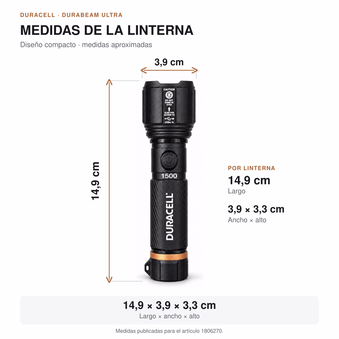 Medidas de la linterna Duracell Durabeam Ultra 1500 lúmenes