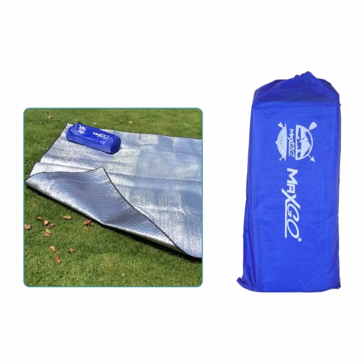 Alfombra térmica MaxGo 200x200 cm extendida sobre el pasto con su bolsa azul
