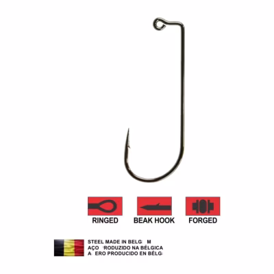 Anzuelo jig head Sumax de acero belga, forjado, con ojal y punta beak hook, vista de perfil