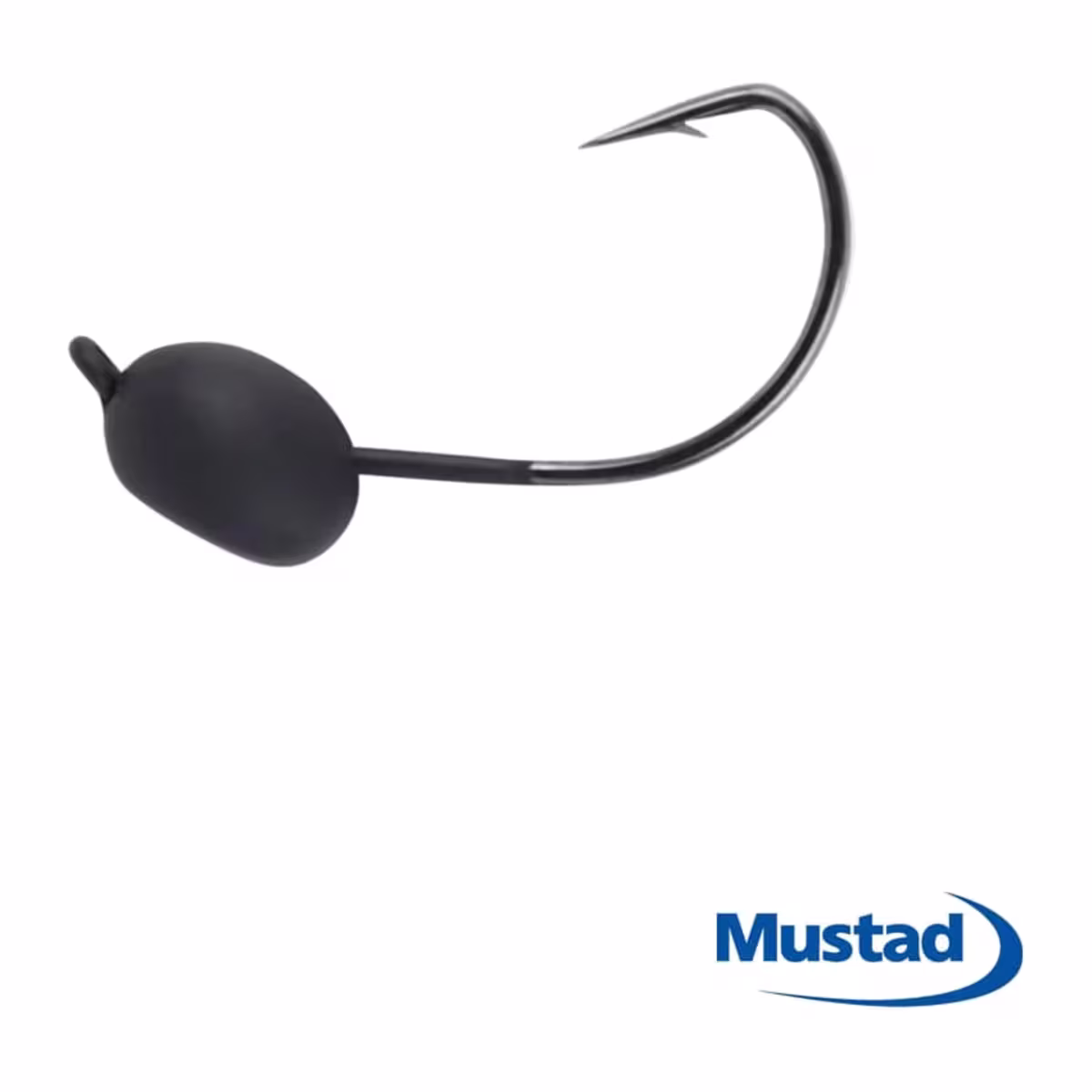 Anzuelo Mustad con plomada, cabeza negra ovalada y curva abierta con punta y muerte