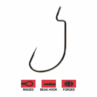 Anzuelo offset Sumax para señuelos de silicona, acero belga, ojal anillado y punta beak hook