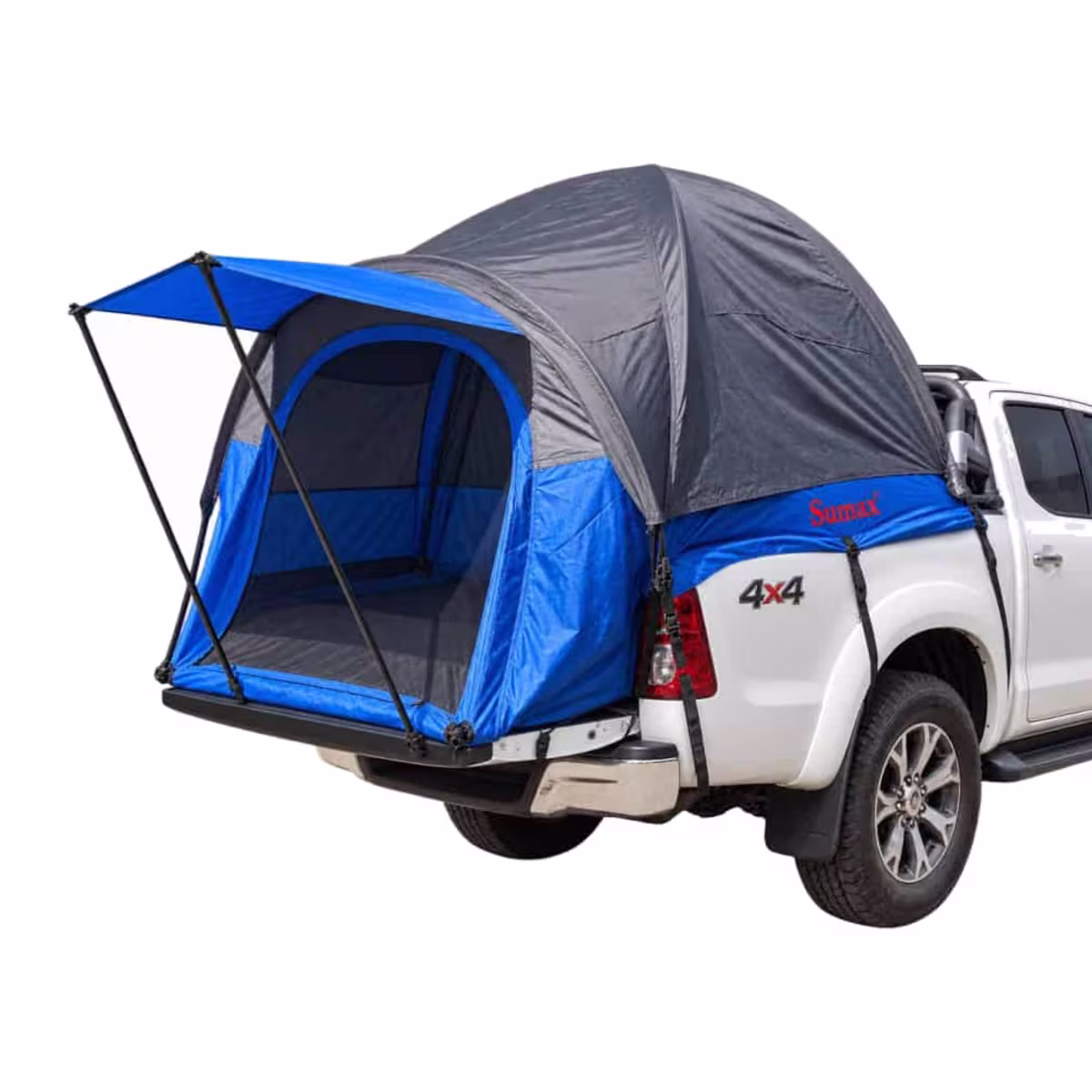 Carpa para camioneta Sumax azul y gris armada sobre la caja de una pickup 4x4