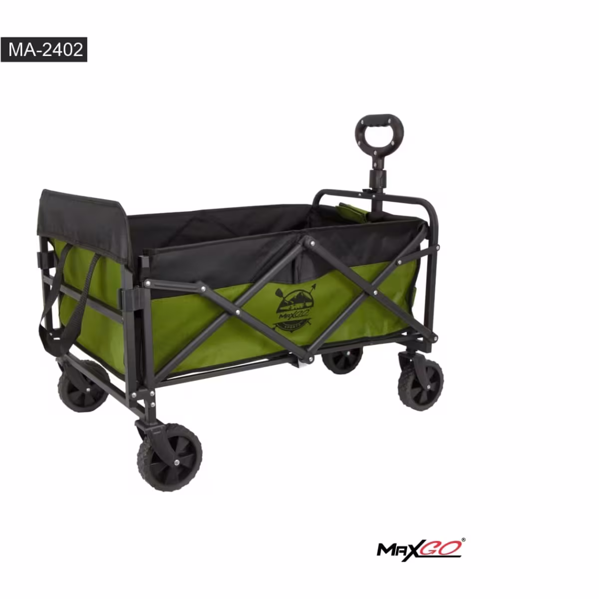 Carrito plegable de camping MaxGo verde y negro, vista lateral con ruedas y mango retráctil