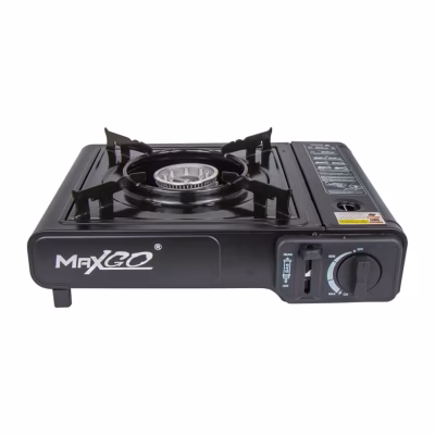 Cocina a gas portátil MaxGo negra con encendido electrónico y perilla de regulación