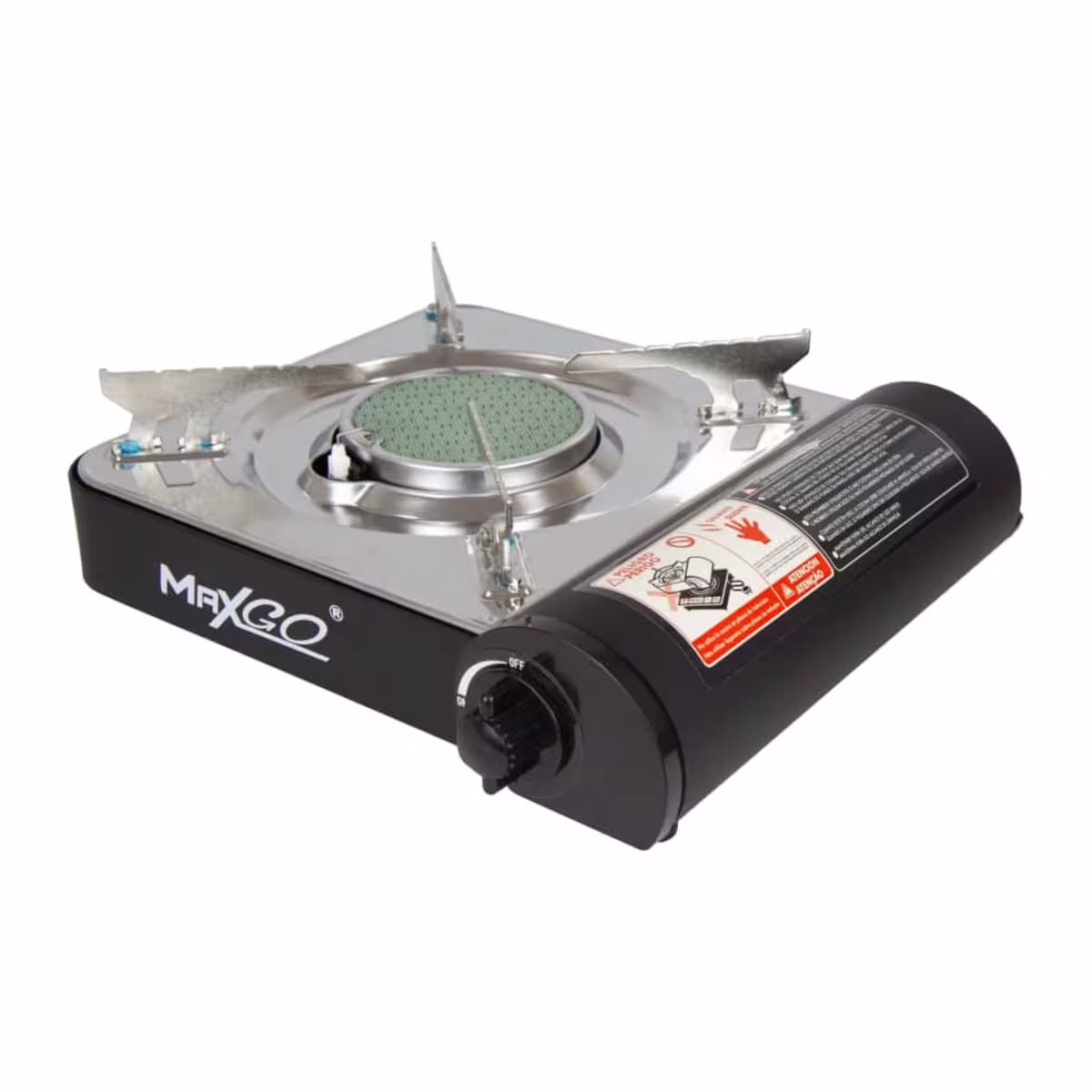 Cocina portátil infrarroja MaxGo con quemador y cuerpo negro de aluminio, vista general