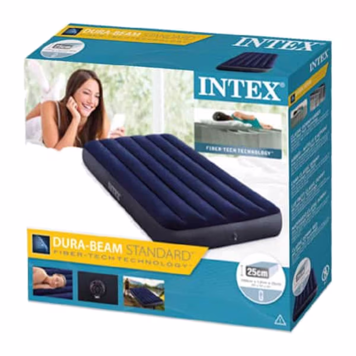 Detalle de la válvula de aire 2 en 1 y la superficie flocada del colchón Intex