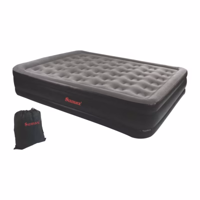 Colchón inflable queen Sumax negro con superficie gris aterciopelada y bolsa de guardado