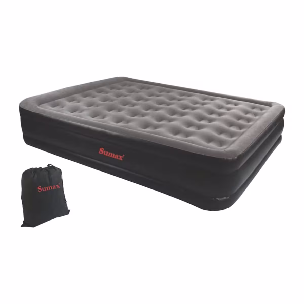 Colchón inflable queen Sumax negro con superficie gris aterciopelada y bolsa de guardado