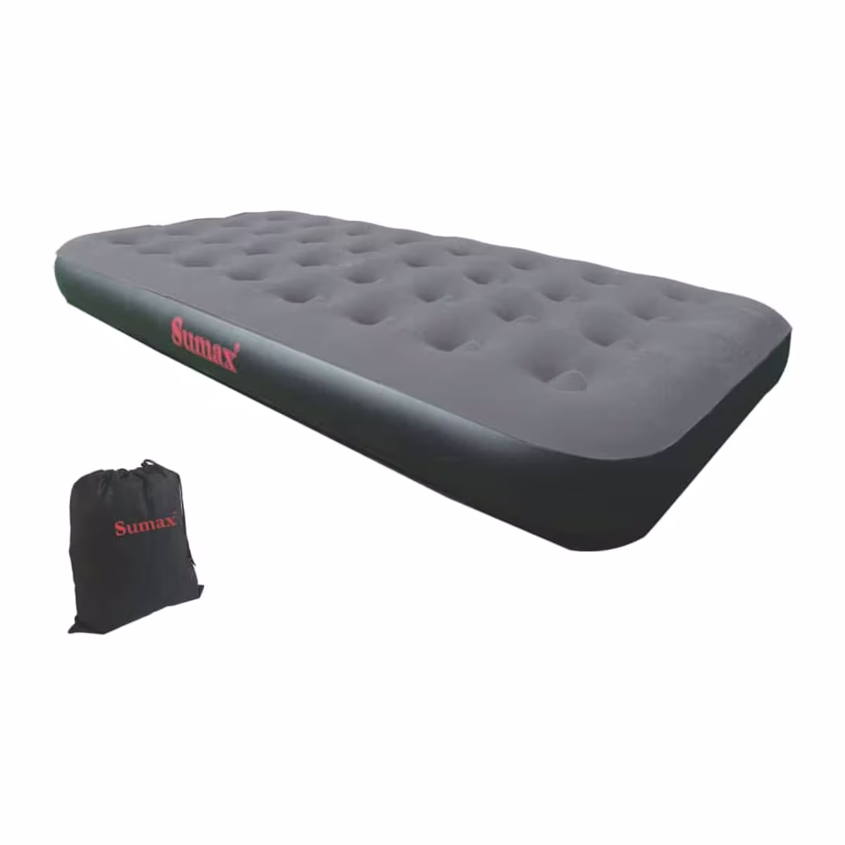 Colchón inflable Twin Sumax gris con bolsa de guardado negra, vista en perspectiva