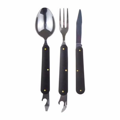 Cubiertos para camping MaxGo: cuchara, tenedor y cuchillo con mango negro y remaches dorados