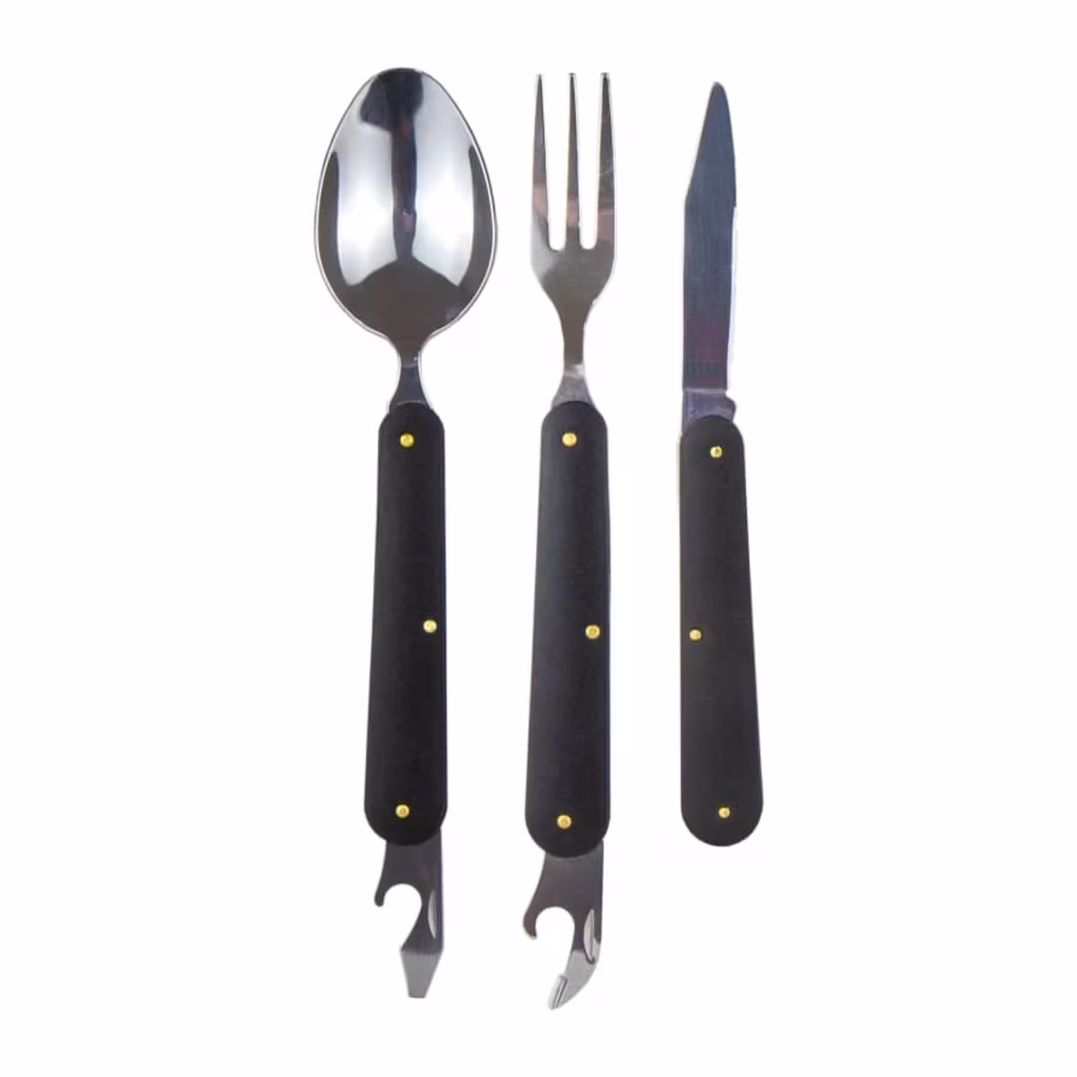 Cubiertos para camping MaxGo: cuchara, tenedor y cuchillo con mango negro y remaches dorados