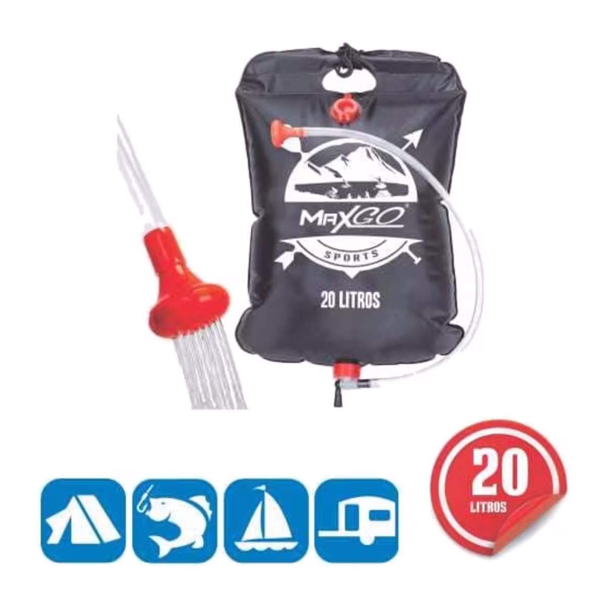 Detalle de la bolsa de ducha MaxGo con manija, válvula roja y manguera transparente