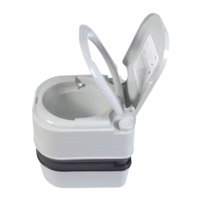 Inodoro portátil para camping Maxgo de 24 litros con tapa abierta, color gris claro