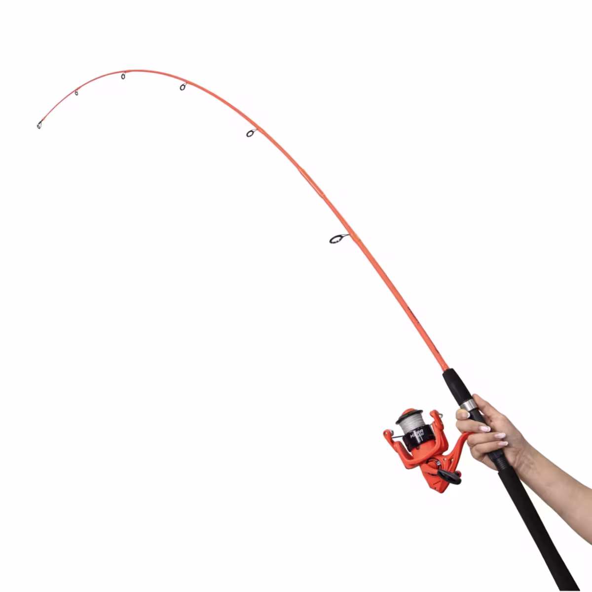 Reel frontal Kawana Hera naranja con carretel negro y manija en T