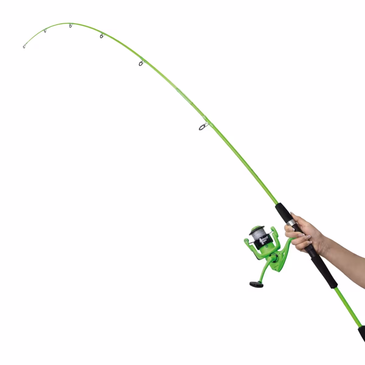 Reel frontal Kawana Hanna 3000 verde con carrete negro, vista lateral