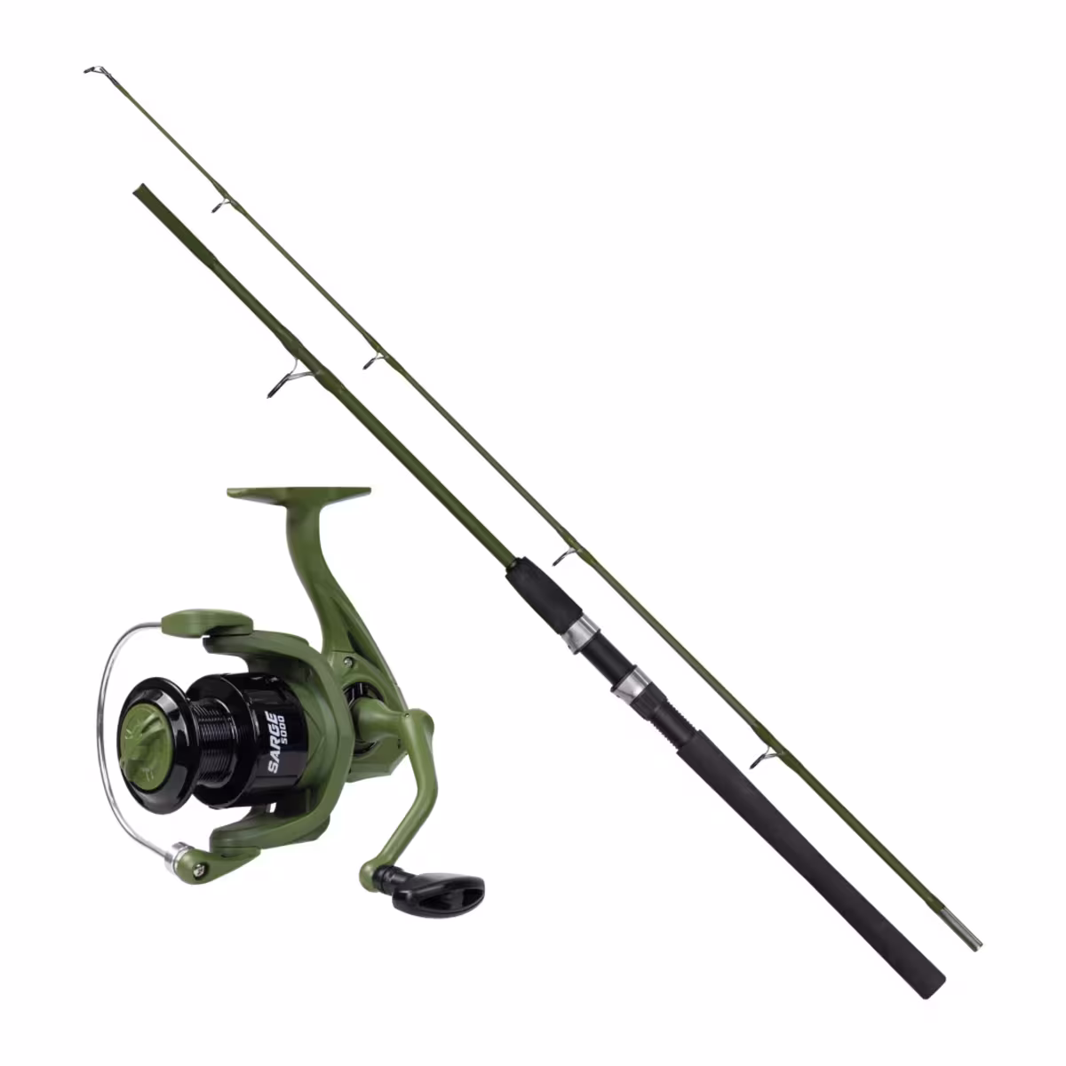 Kit vara y reel Kawana Sarge verde militar mate con reel frontal y vara de fiber glass