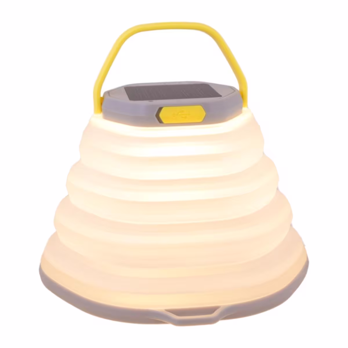 Lámpara solar plegable para camping Skywoods encendida con luz cálida y asa amarilla