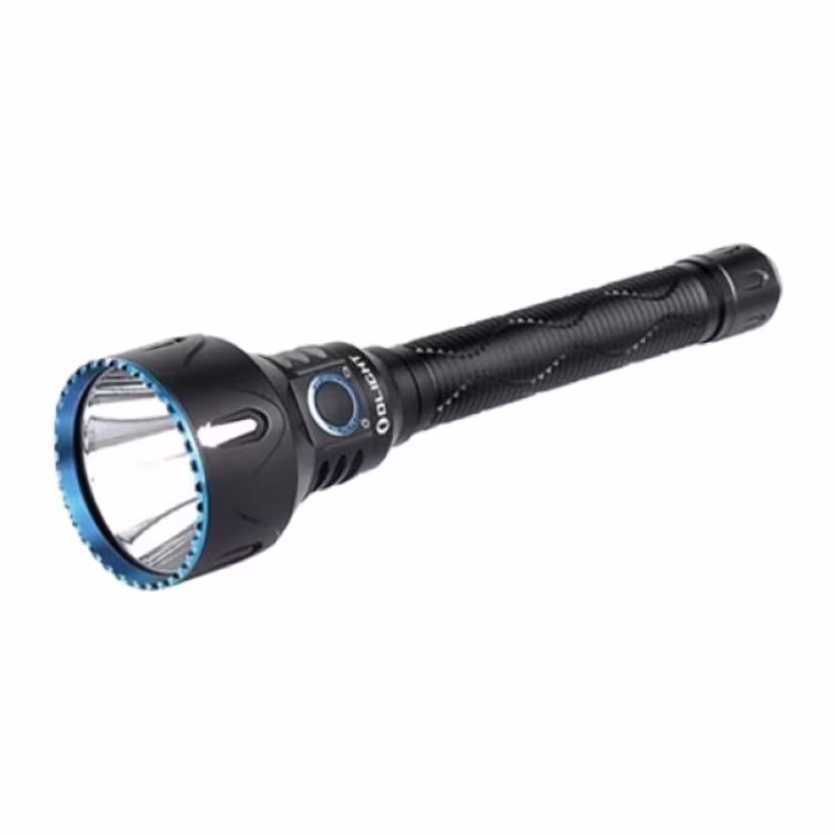 Cuerpo negro de aluminio de la linterna Olight Javelot Pro 2 con cabezal y anillo de luz azul