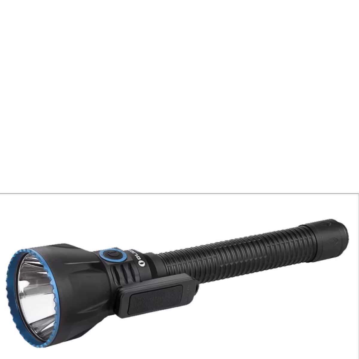 Linterna Olight Javelot Turbo 2 de frente con cabezal y selector azul