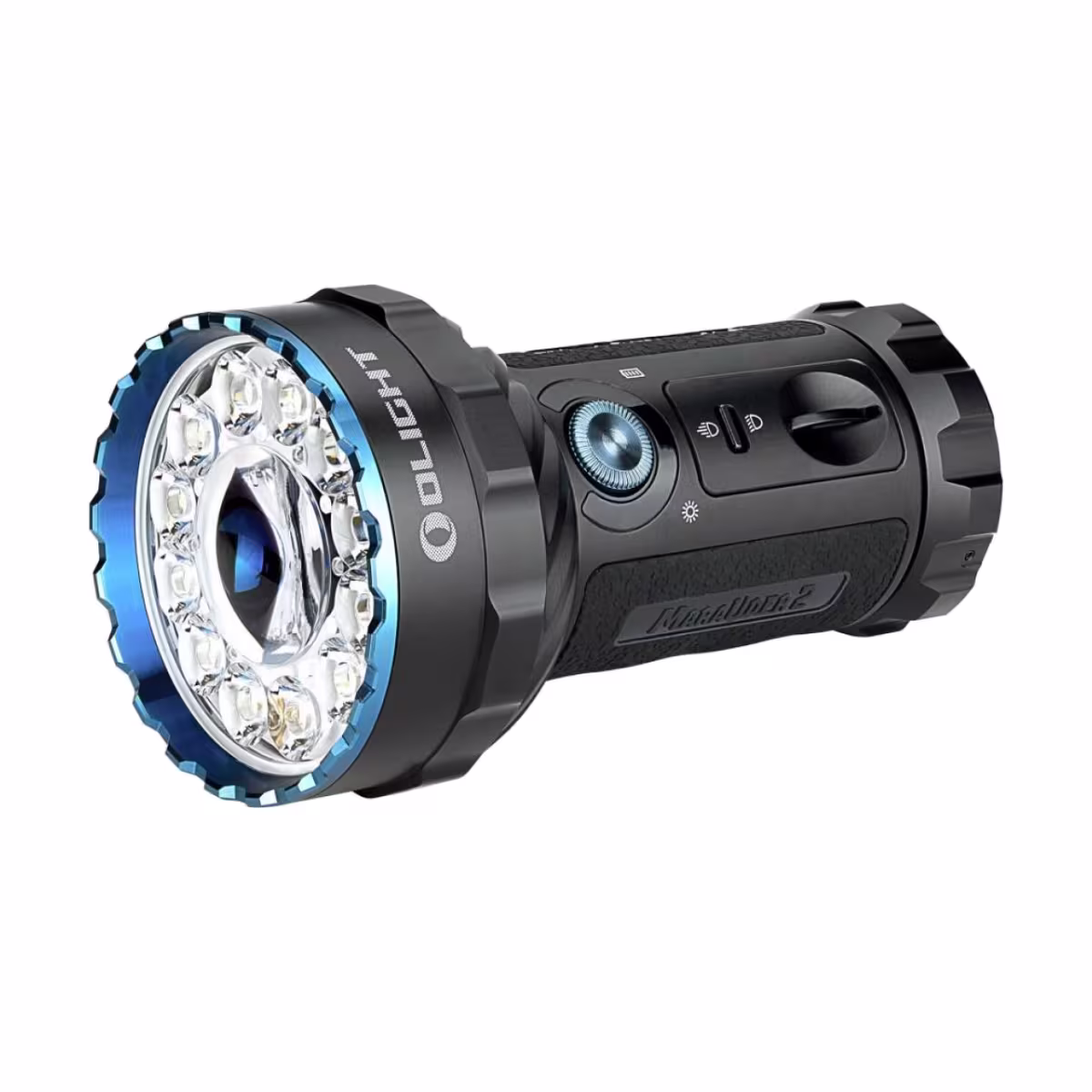 Linterna Olight Marauder 2 negra de 14000 lúmenes, vista frontal con aro de LED
