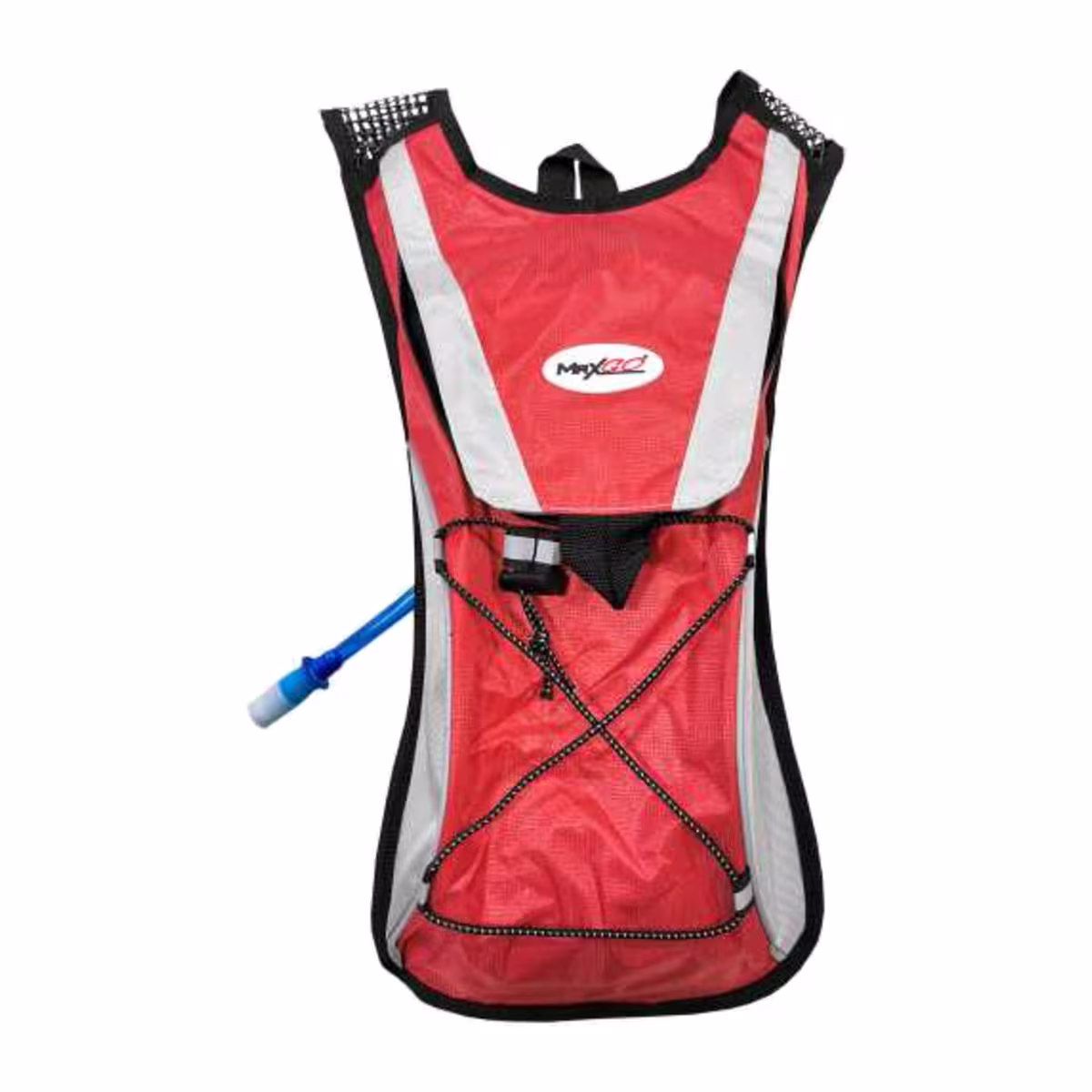 Mochila de hidratación Maxgo roja vista frontal con manguera azul