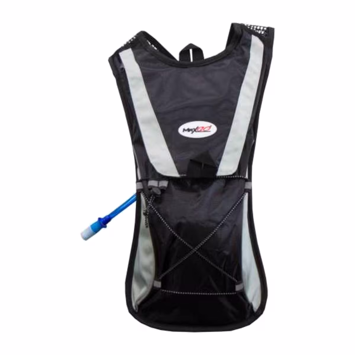 Mochila de hidratación Maxgo negra vista frontal con válvula