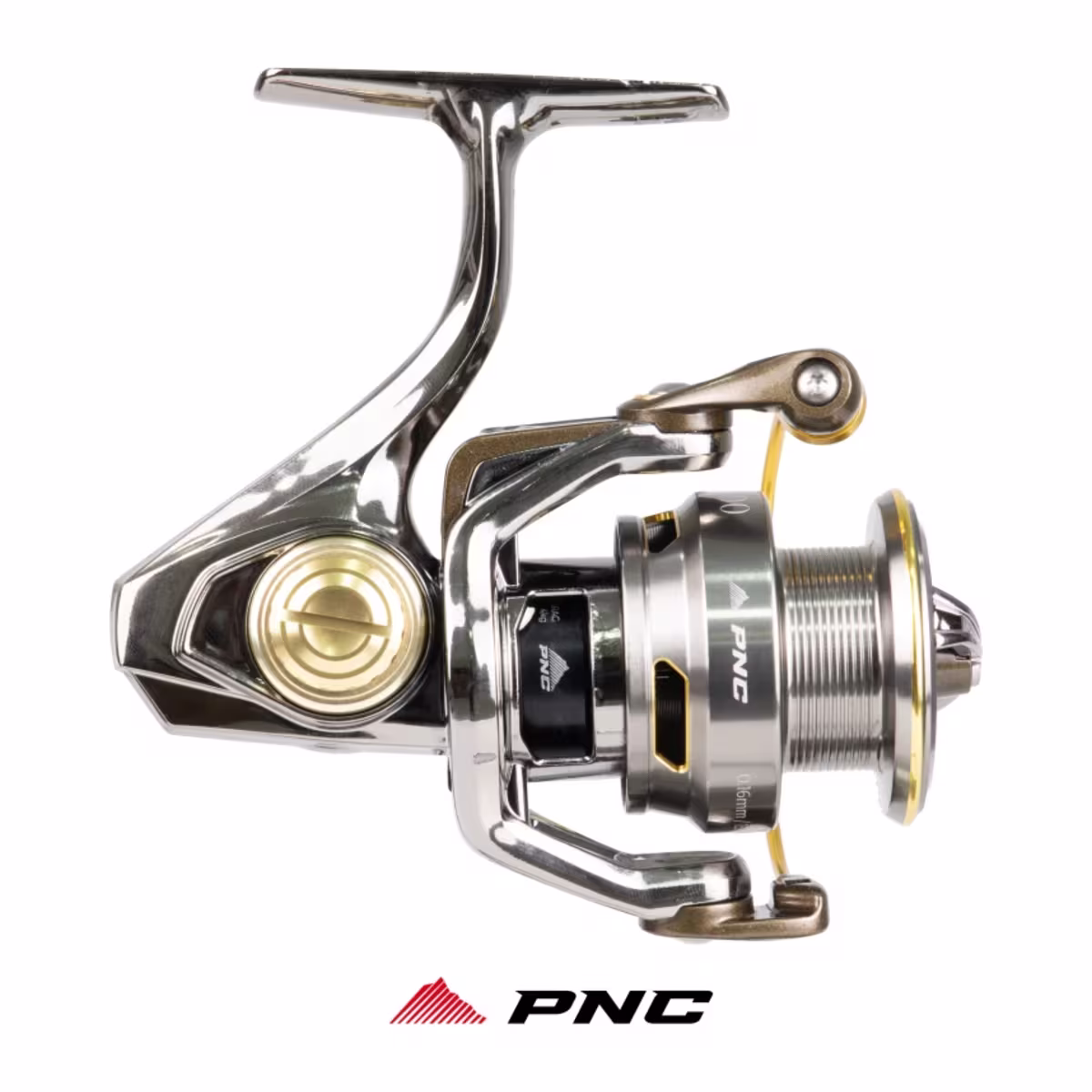 Reel frontal Pinnacle PNC Steel Speed visto de lado con rotor de carbono y arco
