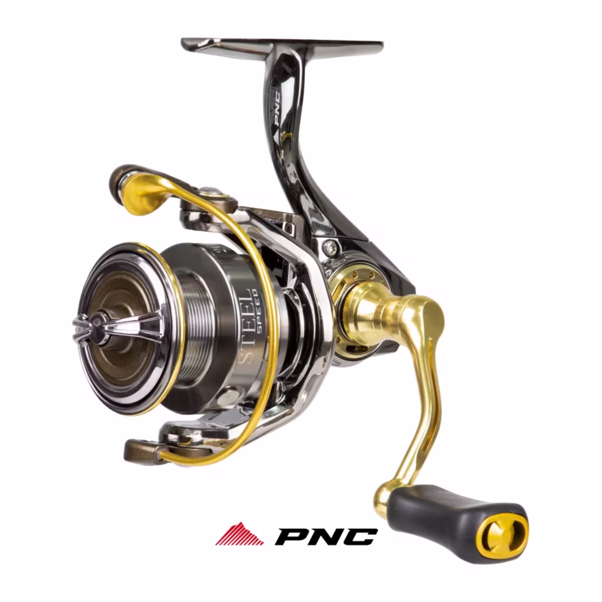 Reel frontal Pinnacle Steel Speed con carretel bicolor y manivela dorada, vista general