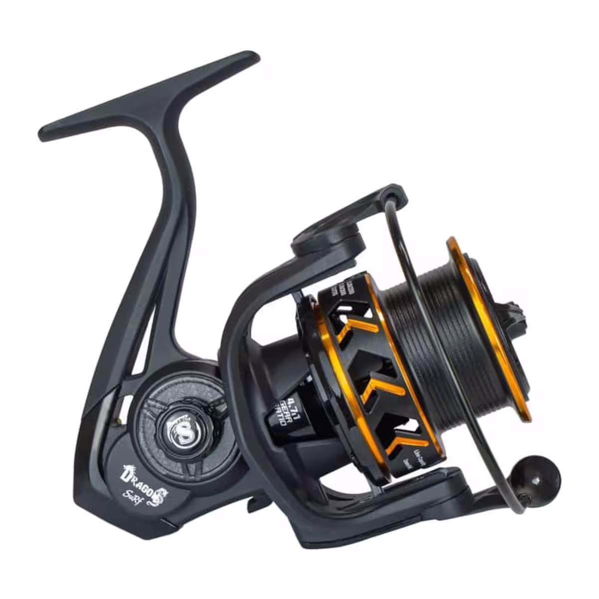 Detalle del diseño y la marca Dragon Surf del reel Sumax