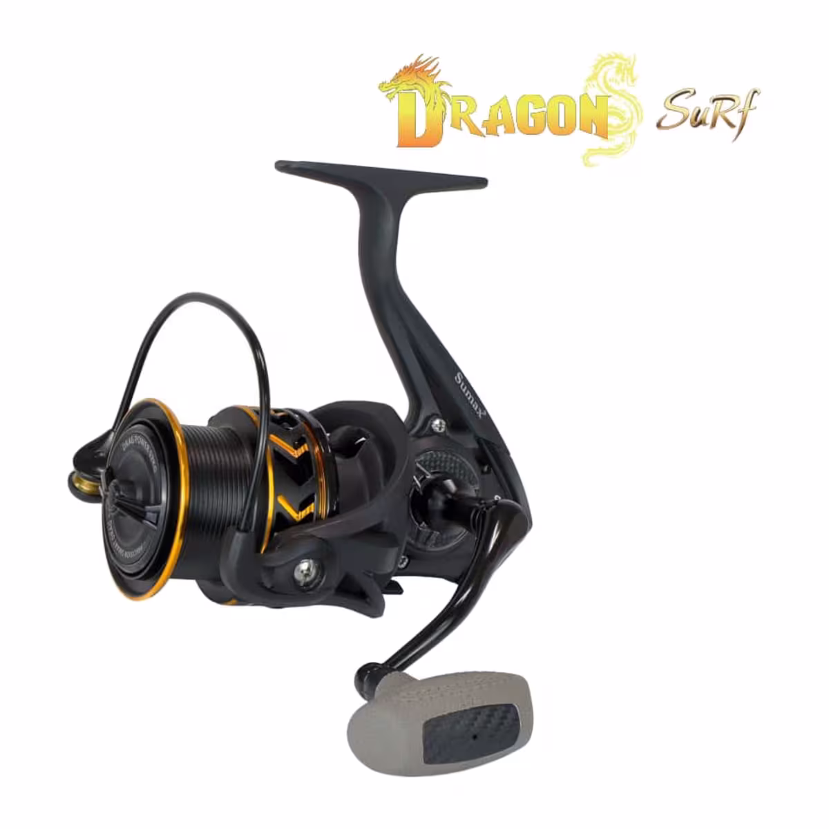 Reel frontal Sumax Dragon Surf negro con carretel dorado, vista general