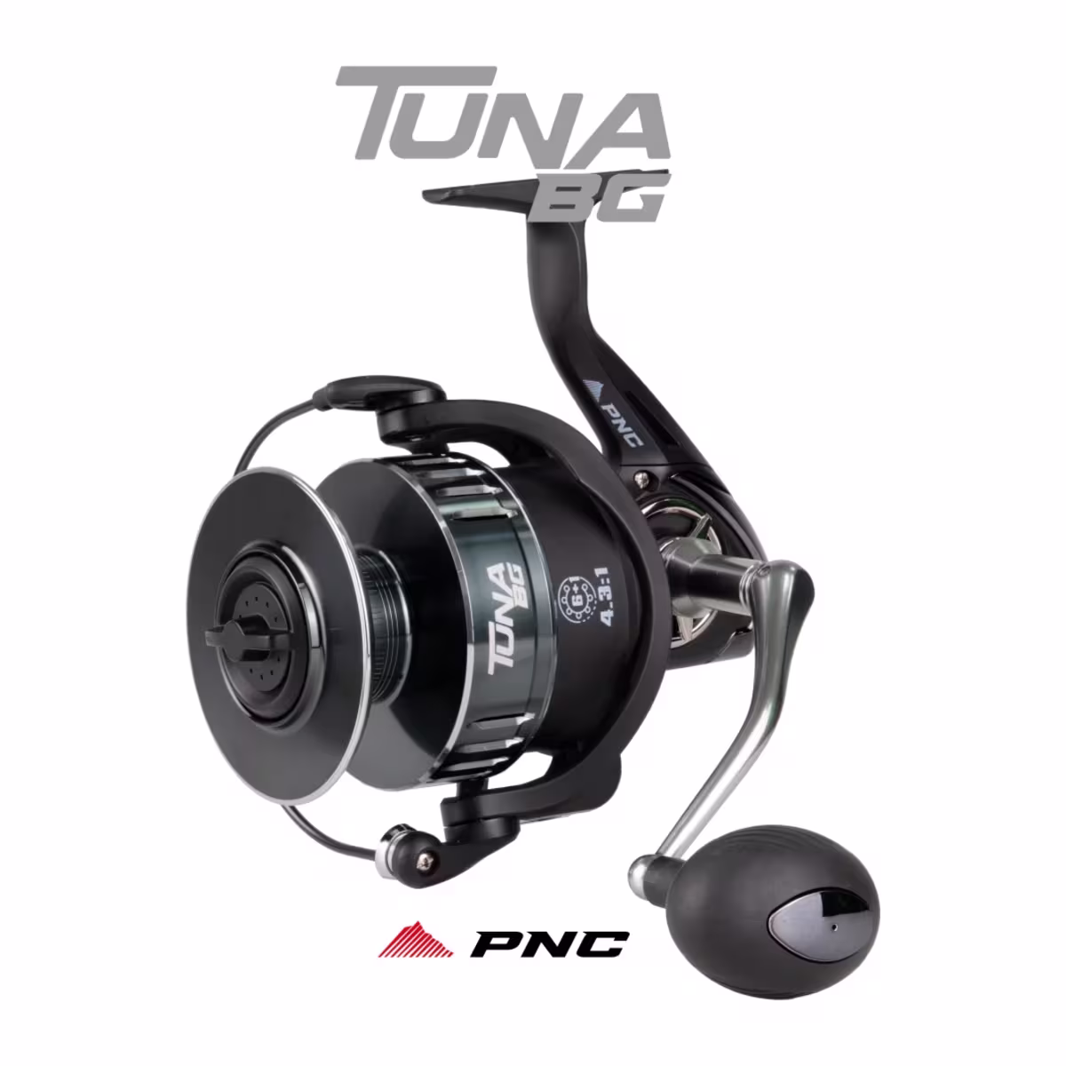 Chasis y rotor de carbono del reel frontal PNC Tuna BG 10000 visto de costado