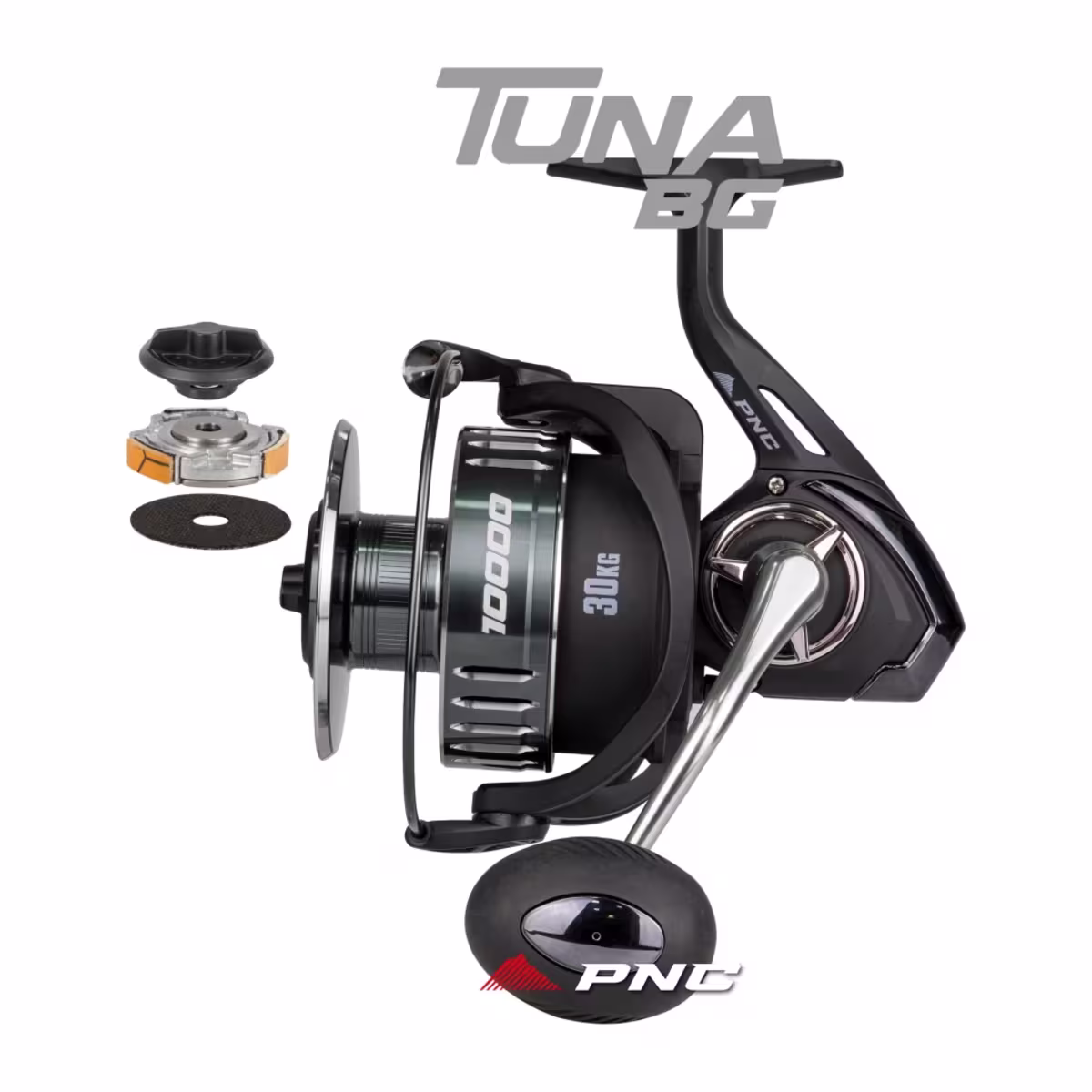 Reel frontal Tuna BG 10000 PNC negro con drag centrífugo de 30 kg, vista lateral completa