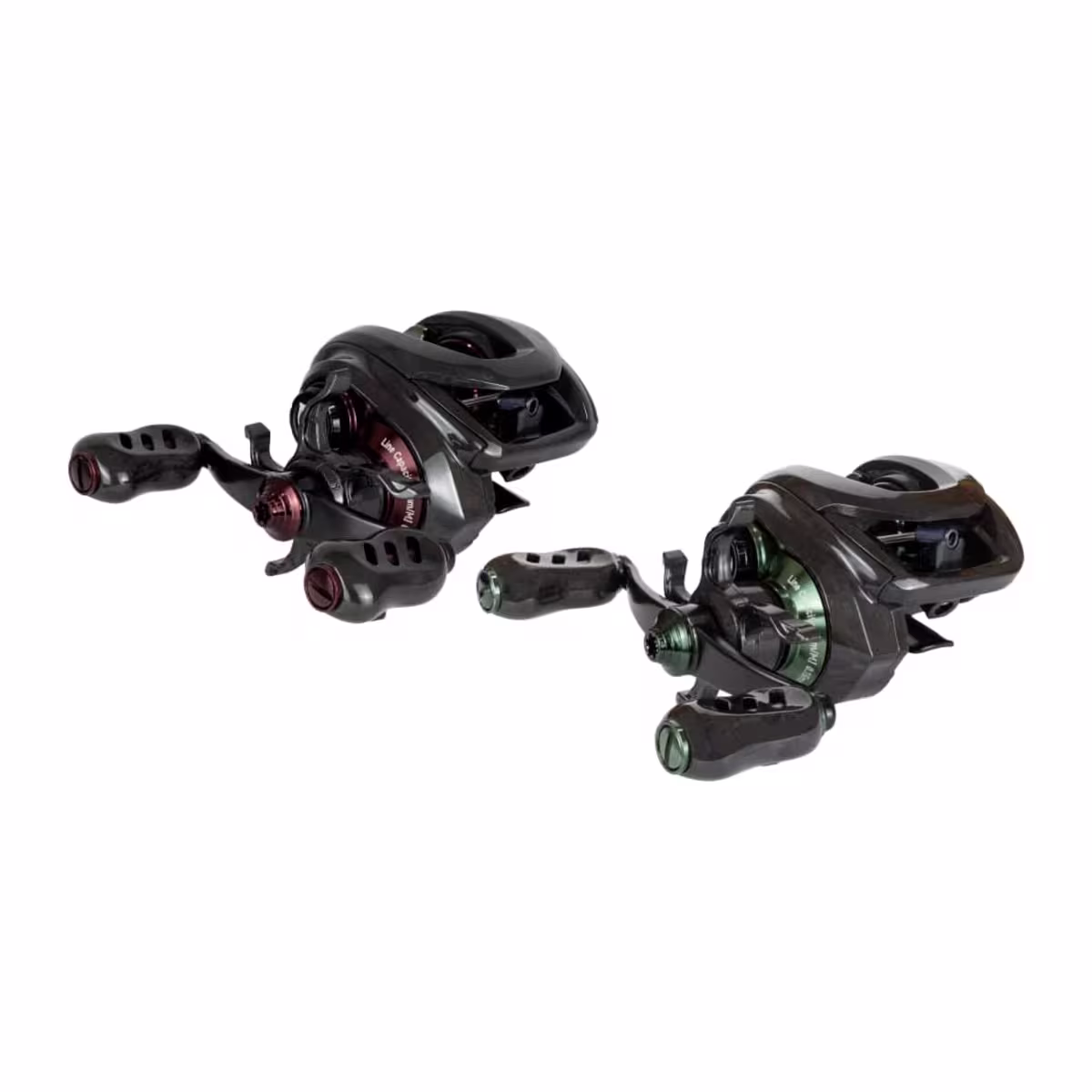 Reel rotativo Sumax Samurai rojo con manivela, vista lateral