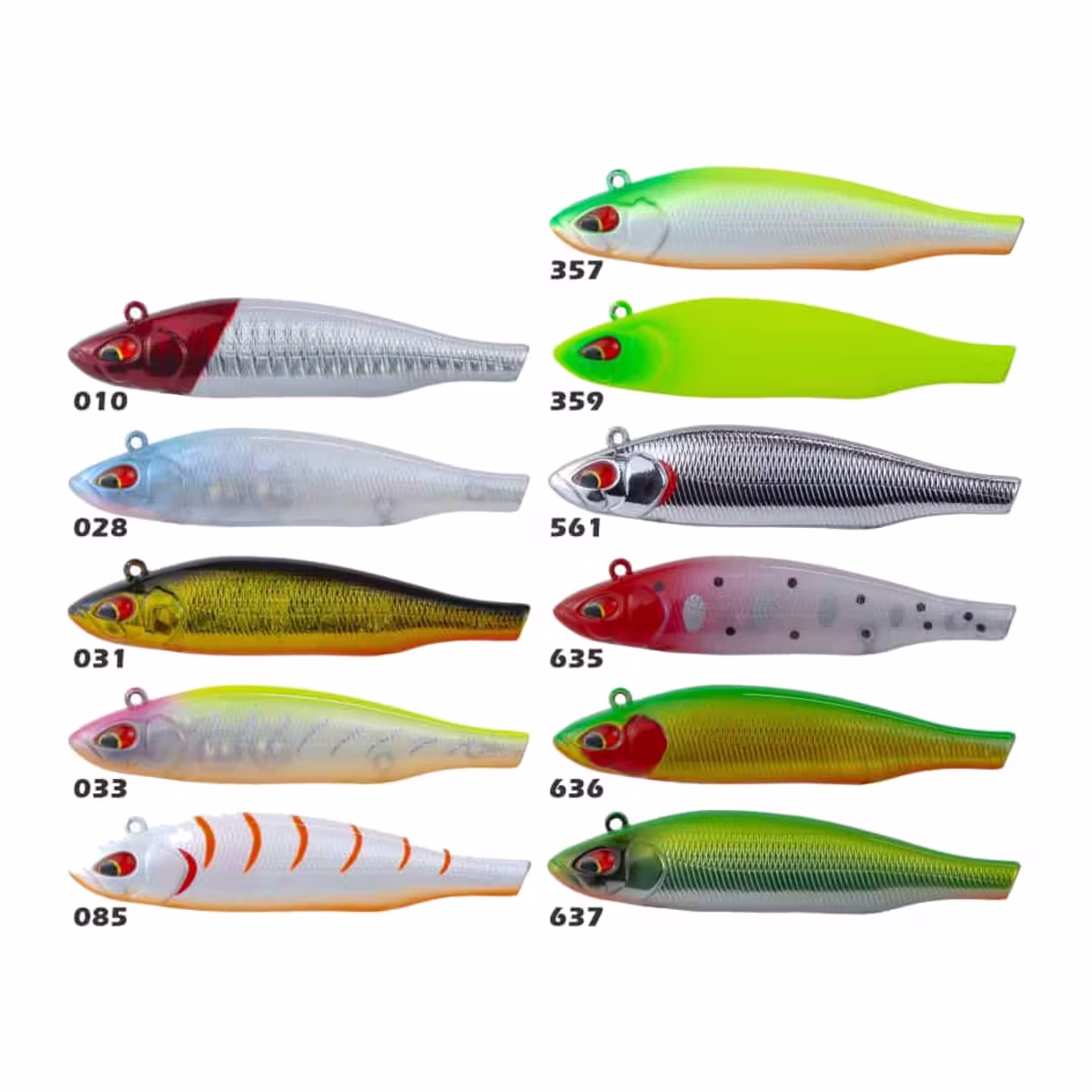 Plancha con todos los colores del señuelo Sumax Vibraxis de 85 mm