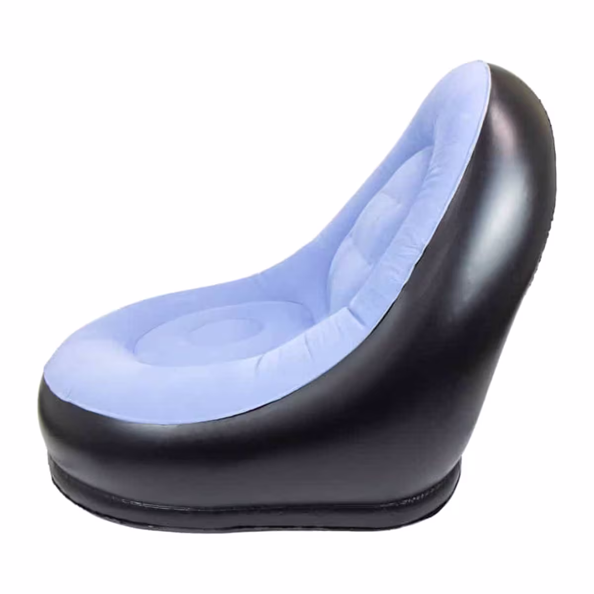 Detalle del respaldo y asiento aterciopelado del sillón inflable con borde de PVC negro